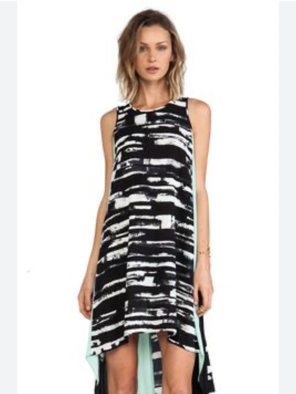 BCBGMaxAzria High Low Black and White with Contrast Mint Panels Dress